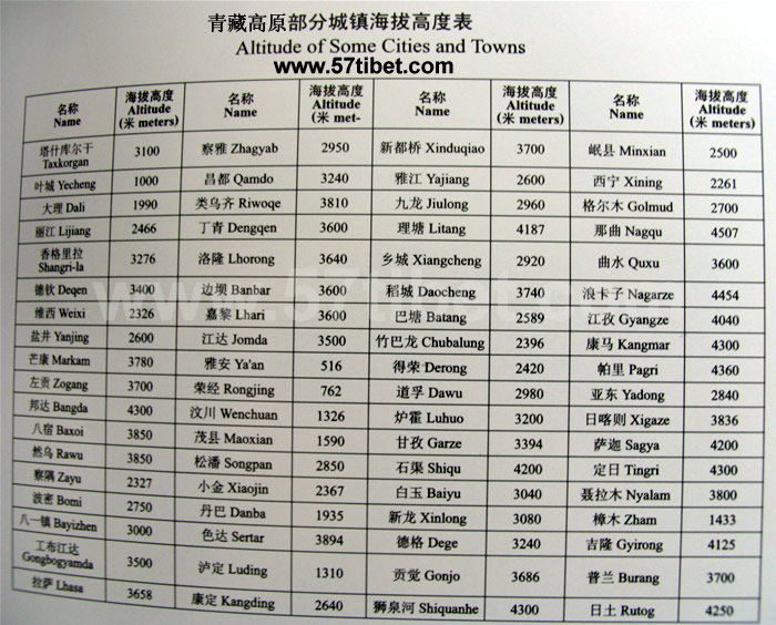 青藏高原部分城镇海拔高度表